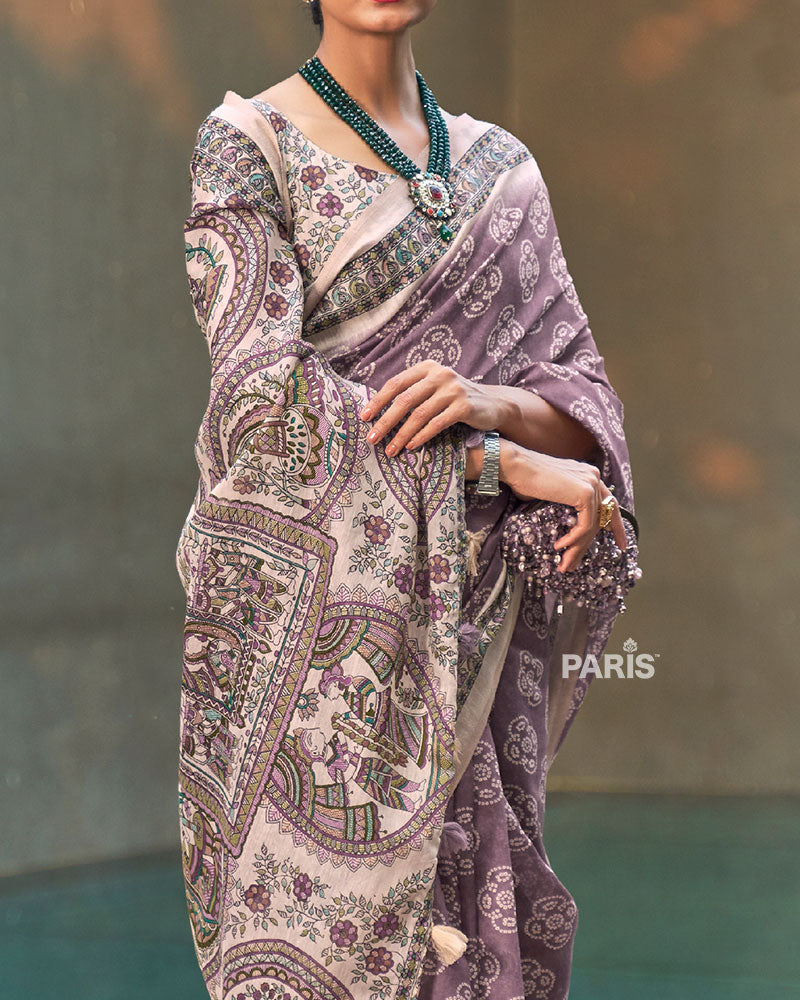 Purple Floral Cotton Saree with Cream Motifs