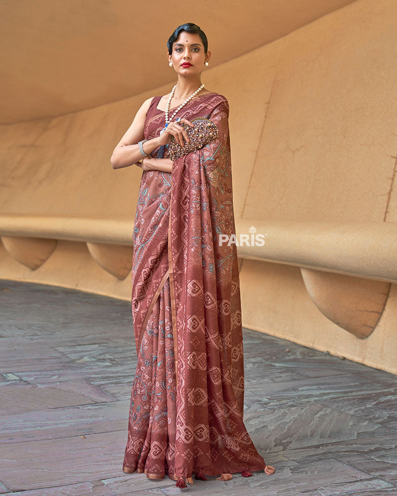 Muted Maroon Floral Cotton Saree with Zari & Tassels