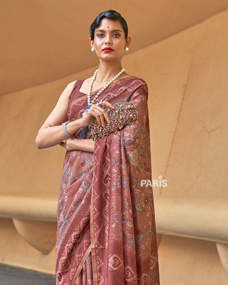Muted Maroon Floral Cotton Saree with Zari & Tassels