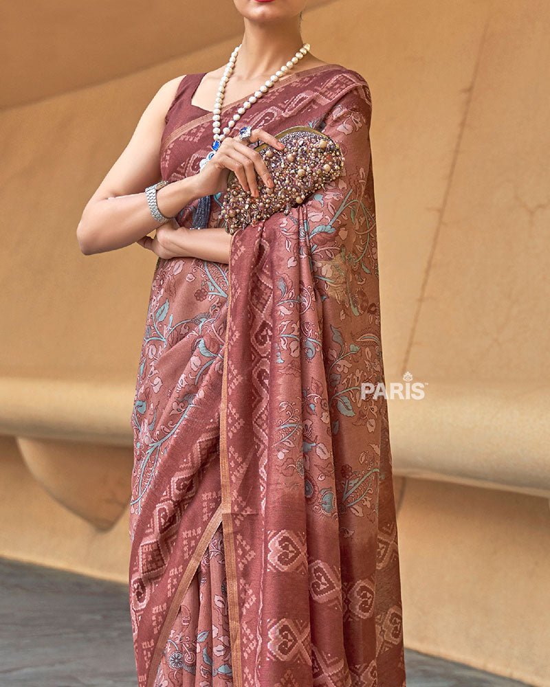 Muted Maroon Floral Cotton Saree with Zari & Tassels