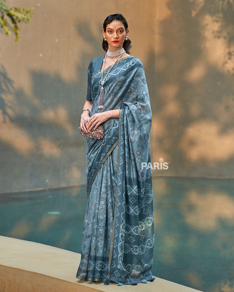 Steel Blue Floral Cotton Saree with Zari Detailing