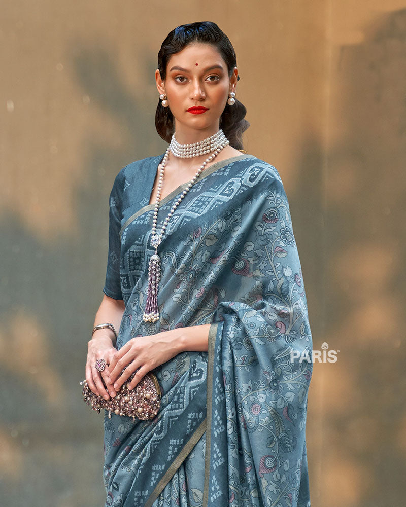 Steel Blue Floral Cotton Saree with Zari Detailing