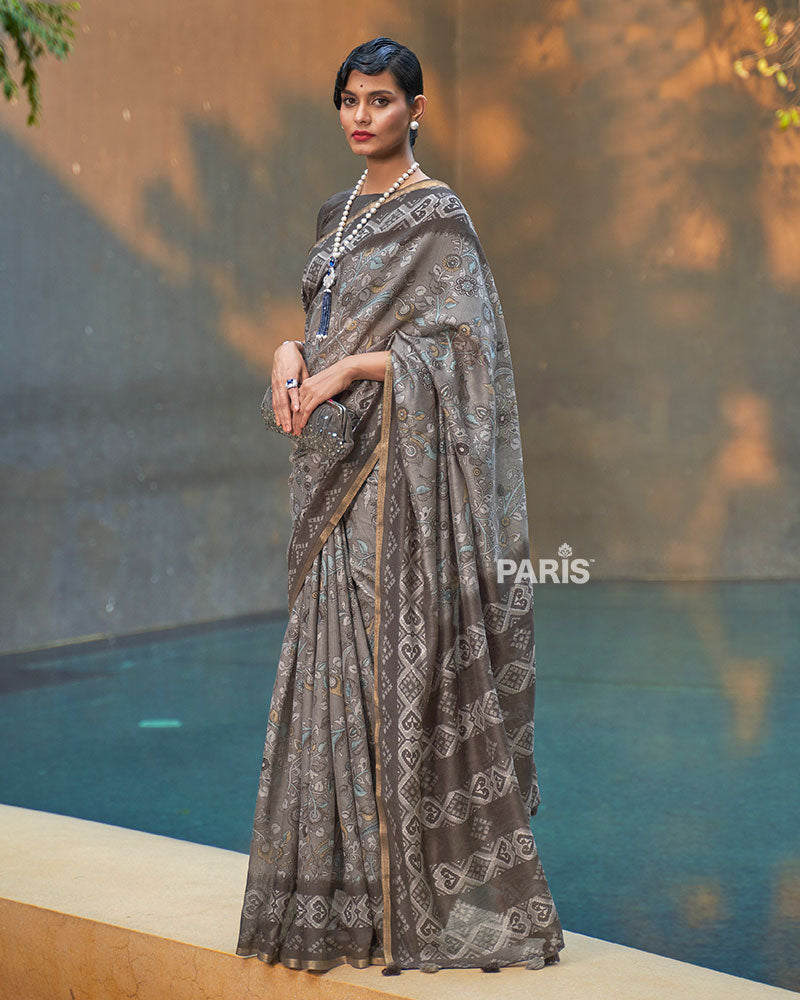 Grey & Taupe Floral Cotton Saree with Zari Accents