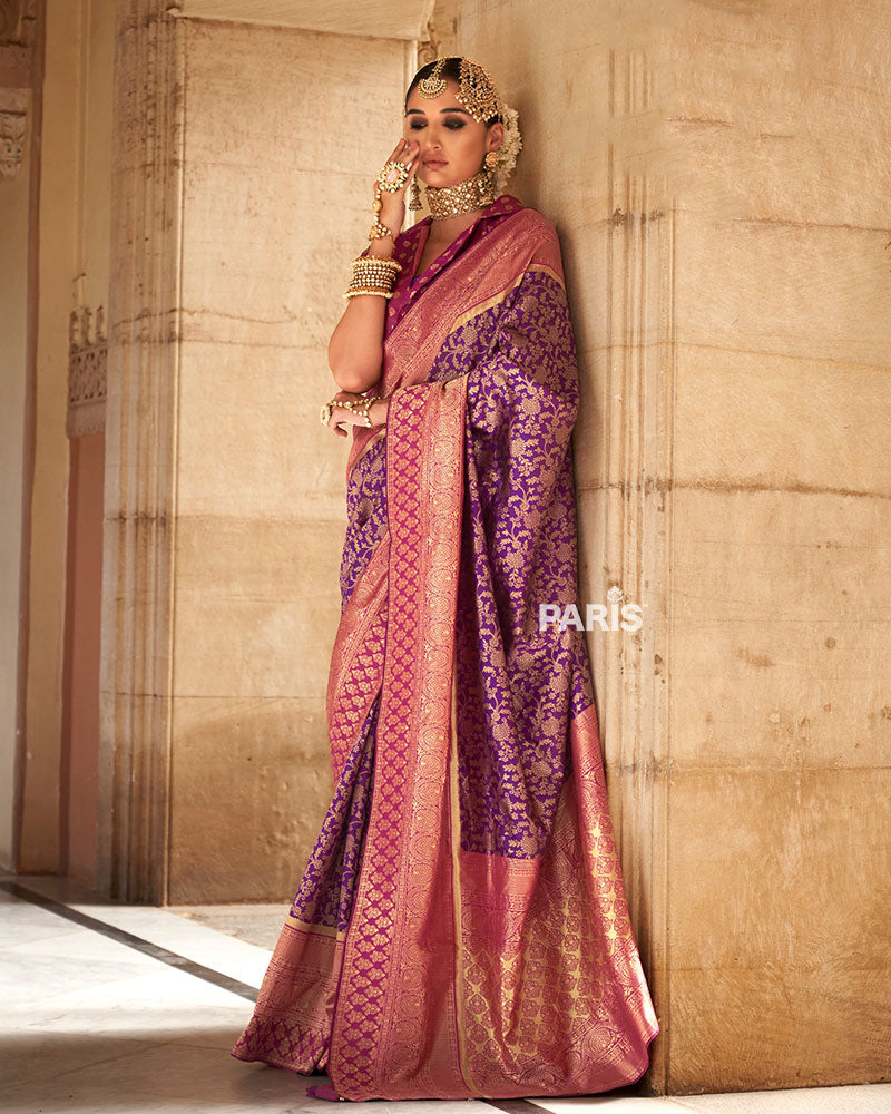 Purple Gold-Toned Ethnic Motifs Zari Silk Saree