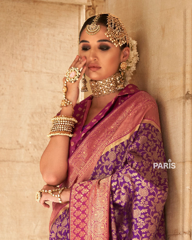 Purple Gold-Toned Ethnic Motifs Zari Silk Saree