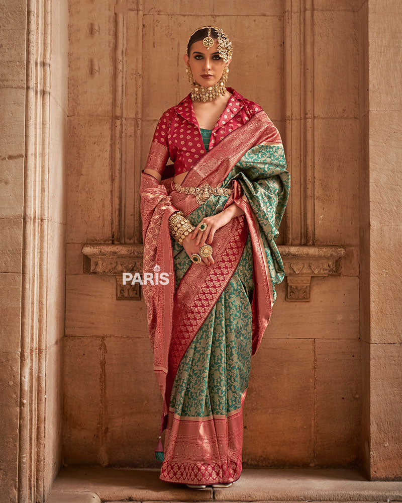 Green and Red Gold-Toned Ethnic Motifs Zari Silk Saree
