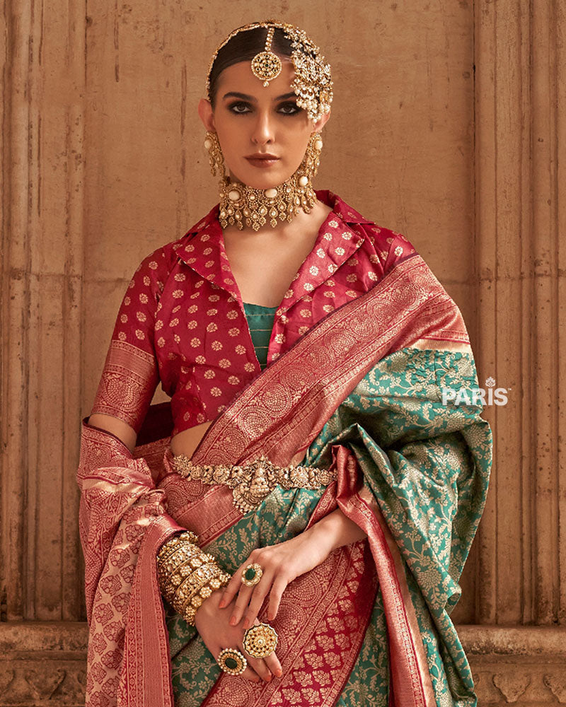 Green and Red Gold-Toned Ethnic Motifs Zari Silk Saree