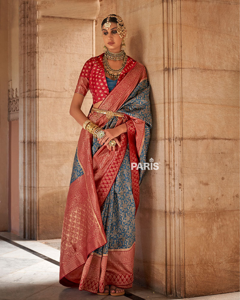Gray-Blue and Reddish-Maroon Ethnic Motifs Zari Silk Saree
