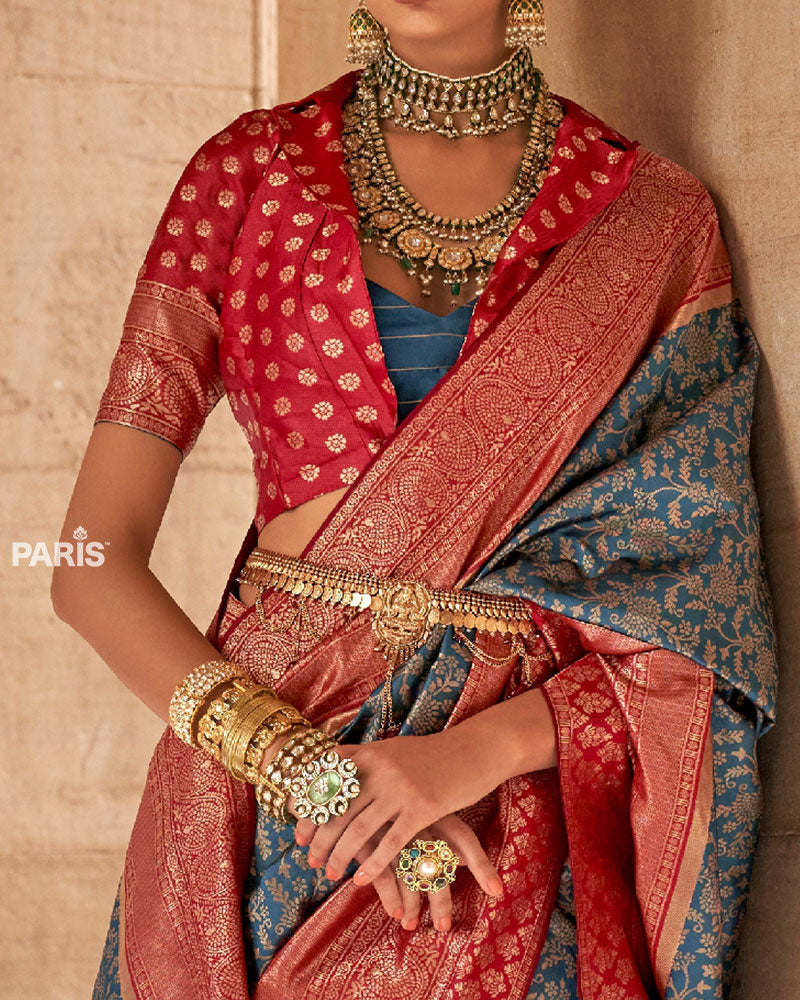 Gray-Blue and Reddish-Maroon Ethnic Motifs Zari Silk Saree