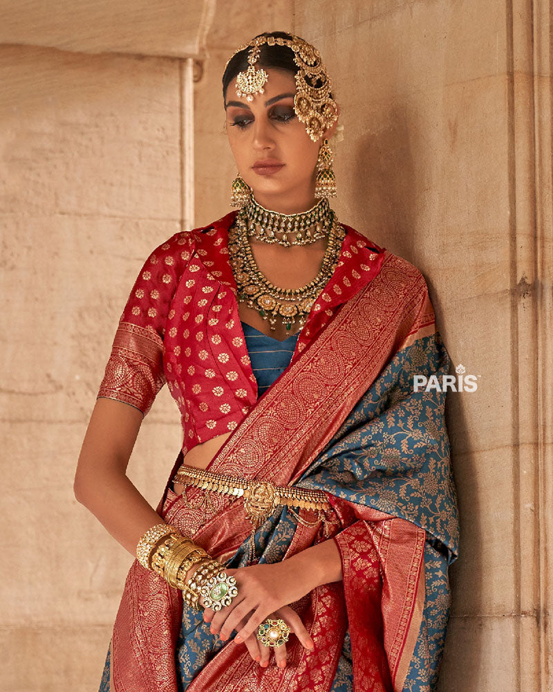 Gray-Blue and Reddish-Maroon Ethnic Motifs Zari Silk Saree