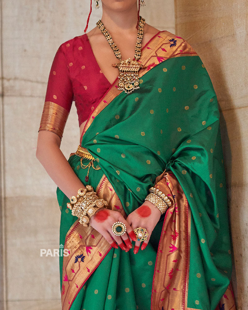 Green with Red Zari Border Paithani Silk Saree and Unstitched Blouse