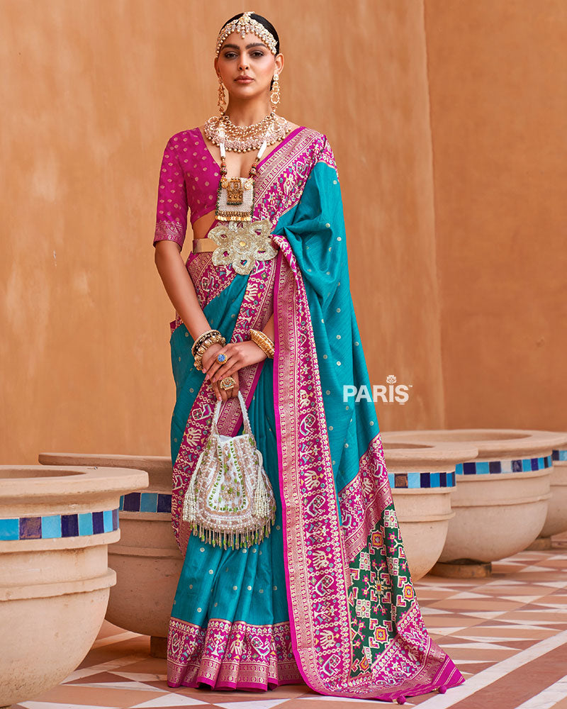 Royal Blue Zari Weaving Pink Border Saree in Patola Silk with Unstitched Blouse