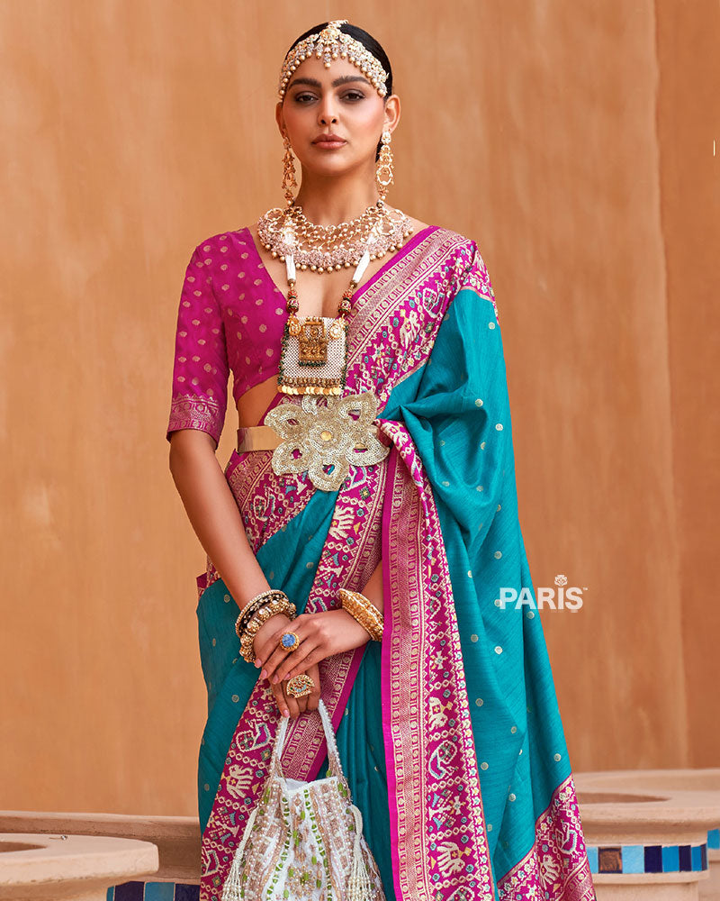 Royal Blue Zari Weaving Pink Border Saree in Patola Silk with Unstitched Blouse