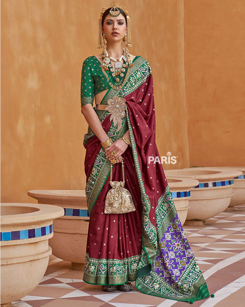 Maroon Zari Weaving Green Border Saree in Patola Silk with Unstitched Blouse