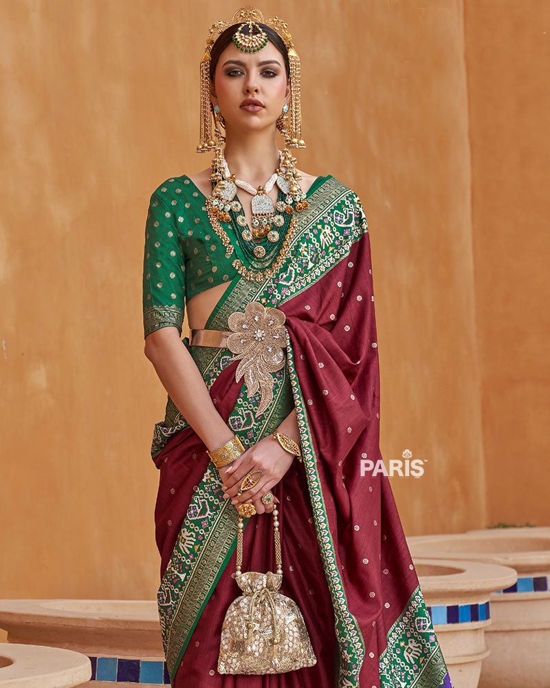 Maroon Zari Weaving Green Border Saree in Patola Silk with Unstitched Blouse