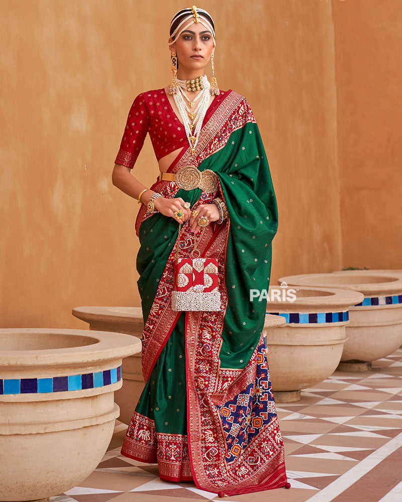 Green Zari Weaving Red Border Saree in Patola Silk with Unstitched Blouse