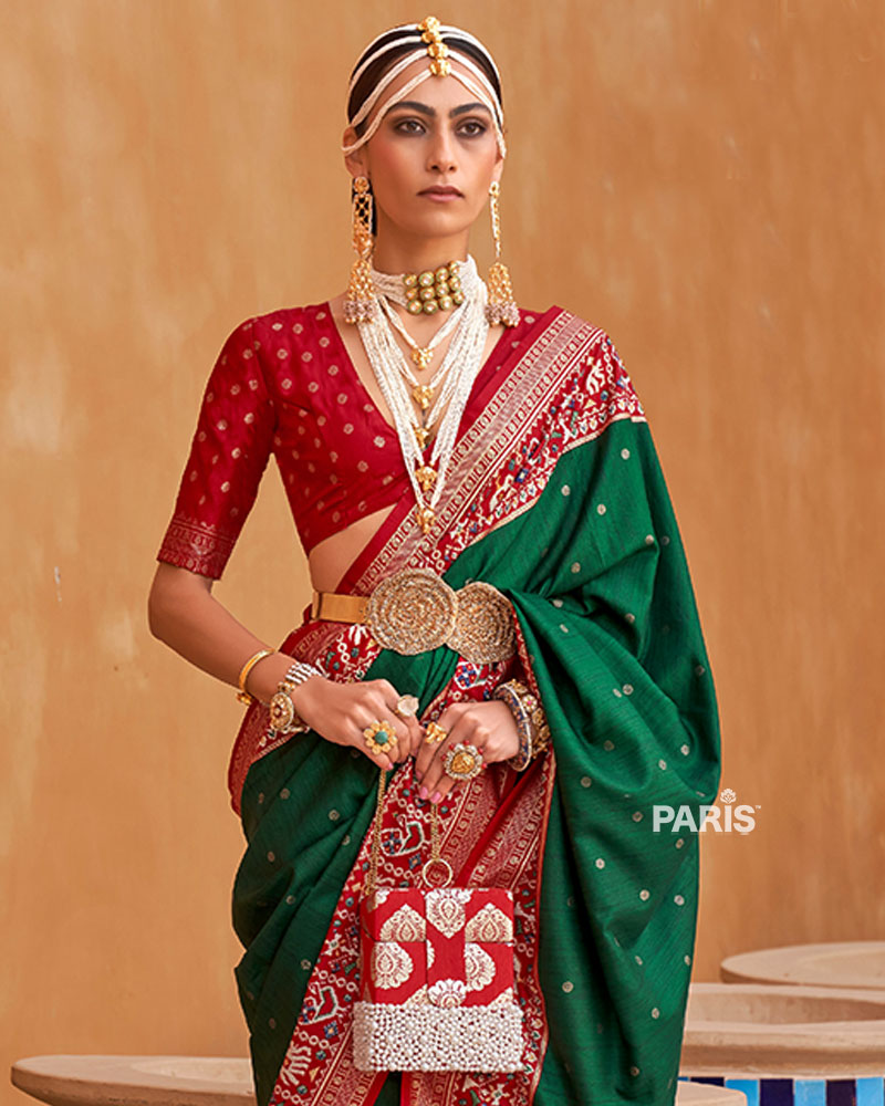 Green Zari Weaving Red Border Saree in Patola Silk with Unstitched Blouse