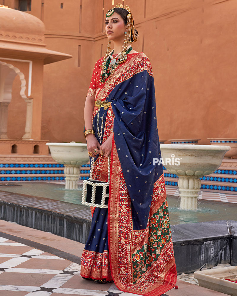 Navy Blue Zari Weaving Red Border Saree in Patola Silk with Unstitched Blouse