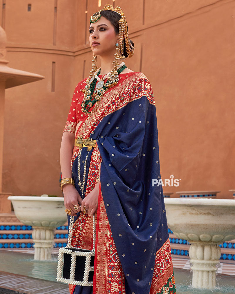 Navy Blue Zari Weaving Red Border Saree in Patola Silk with Unstitched Blouse