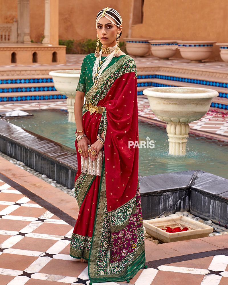 Red Zari Weaving Green Border Saree in Patola Silk with Unstitched Blouse