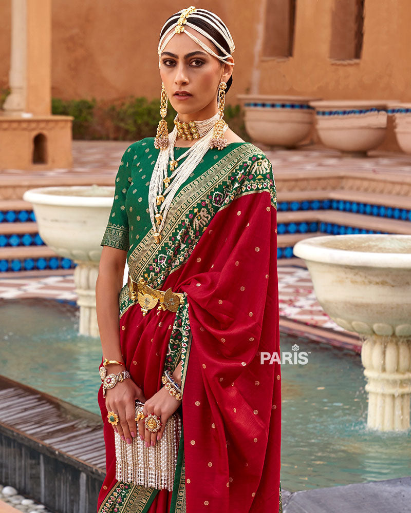 Red Zari Weaving Green Border Saree in Patola Silk with Unstitched Blouse