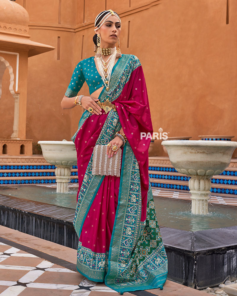 Rani Pink Zari Weaving Teal Green Border Saree in Patola Silk with Unstitched