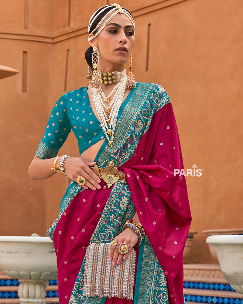 Rani Pink Zari Weaving Teal Green Border Saree in Patola Silk with Unstitched