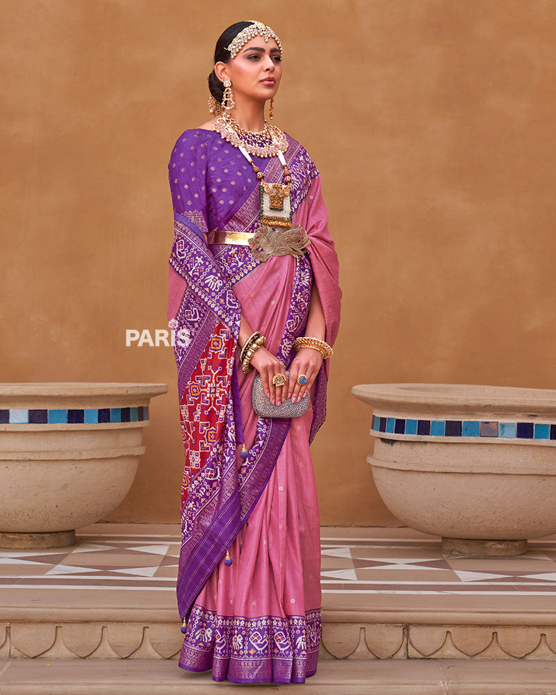 Pink Zari Weaving Purple Border Saree in Patola Silk with Unstitched Blouse