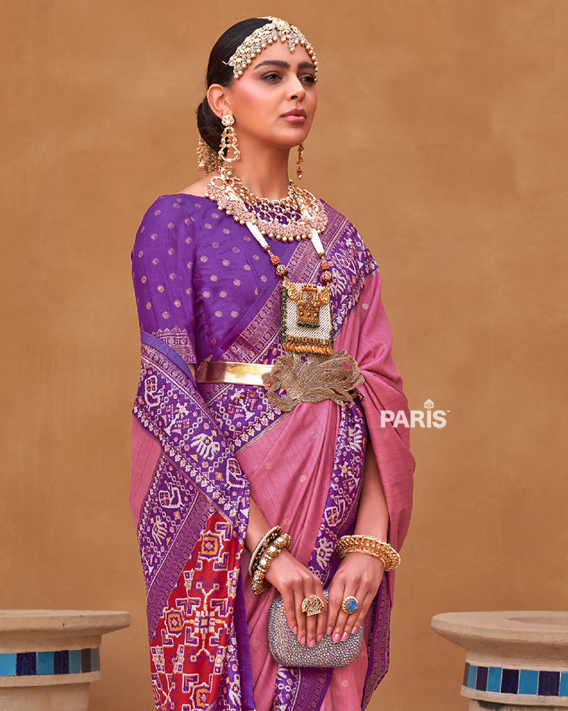 Pink Zari Weaving Purple Border Saree in Patola Silk with Unstitched Blouse