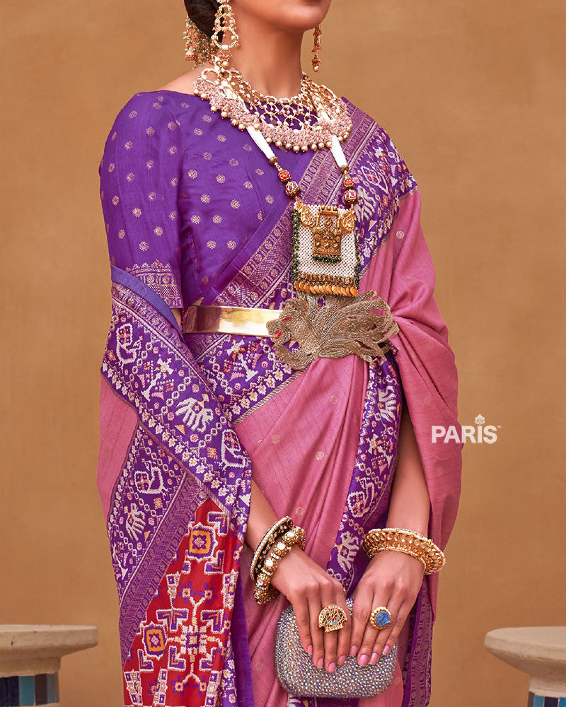 Pink Zari Weaving Purple Border Saree in Patola Silk with Unstitched Blouse