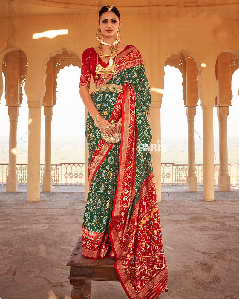Green Ikat Printed and Red Contrast Border Patola Silk Saree with Unstitched Blouse
