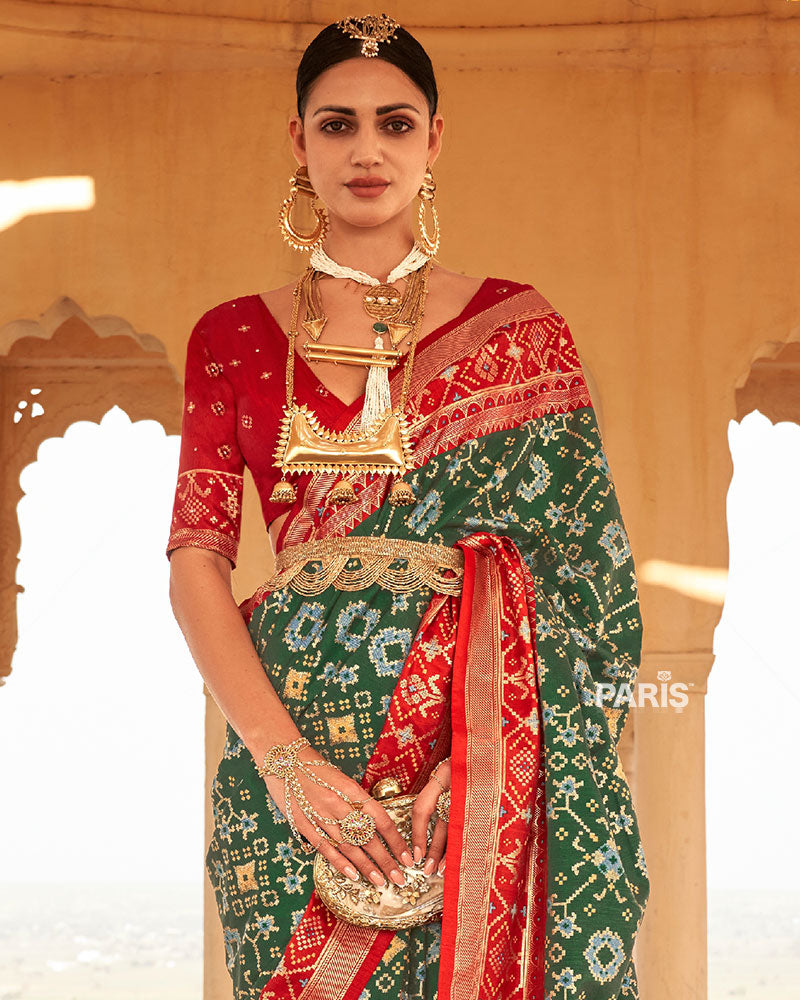 Green Ikat Printed and Red Contrast Border Patola Silk Saree with Unstitched Blouse