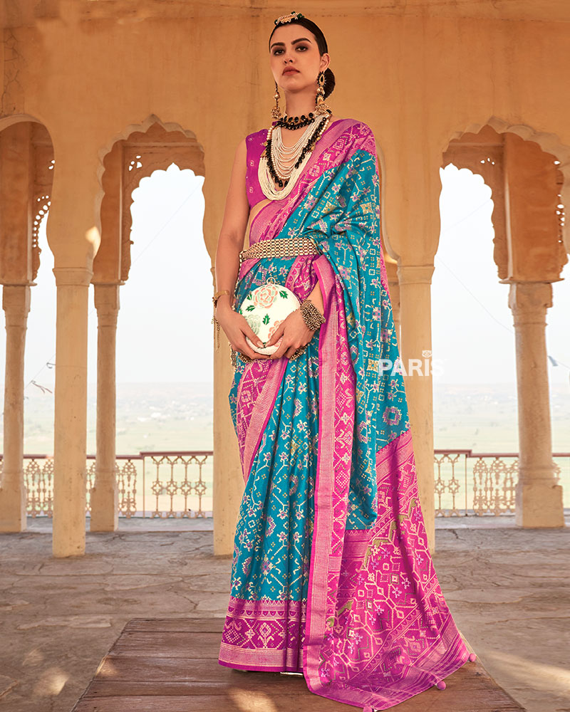 Blue Ikat Printed and Pink Contrast Border Patola Silk Saree with Unstitched Blouse
