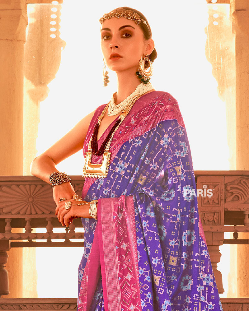 Purple Ikat Printed and Pink Contrast Border Patola Silk Saree with Unstitched Blouse