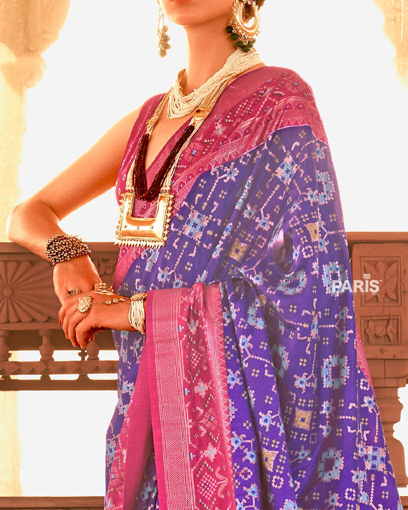 Purple Ikat Printed and Pink Contrast Border Patola Silk Saree with Unstitched Blouse