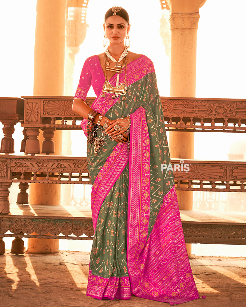 Green Ikat Printed and Pink Contrast Border Patola Silk Saree with Unstitched Blouse