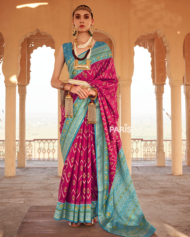 Rani Pink Ikat Printed and Teal Contrast Border Patola Silk Saree with Unstitched Blouse