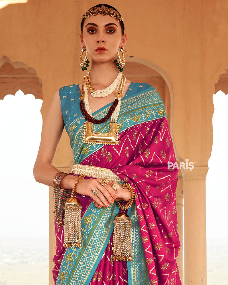 Rani Pink Ikat Printed and Teal Contrast Border Patola Silk Saree with Unstitched Blouse
