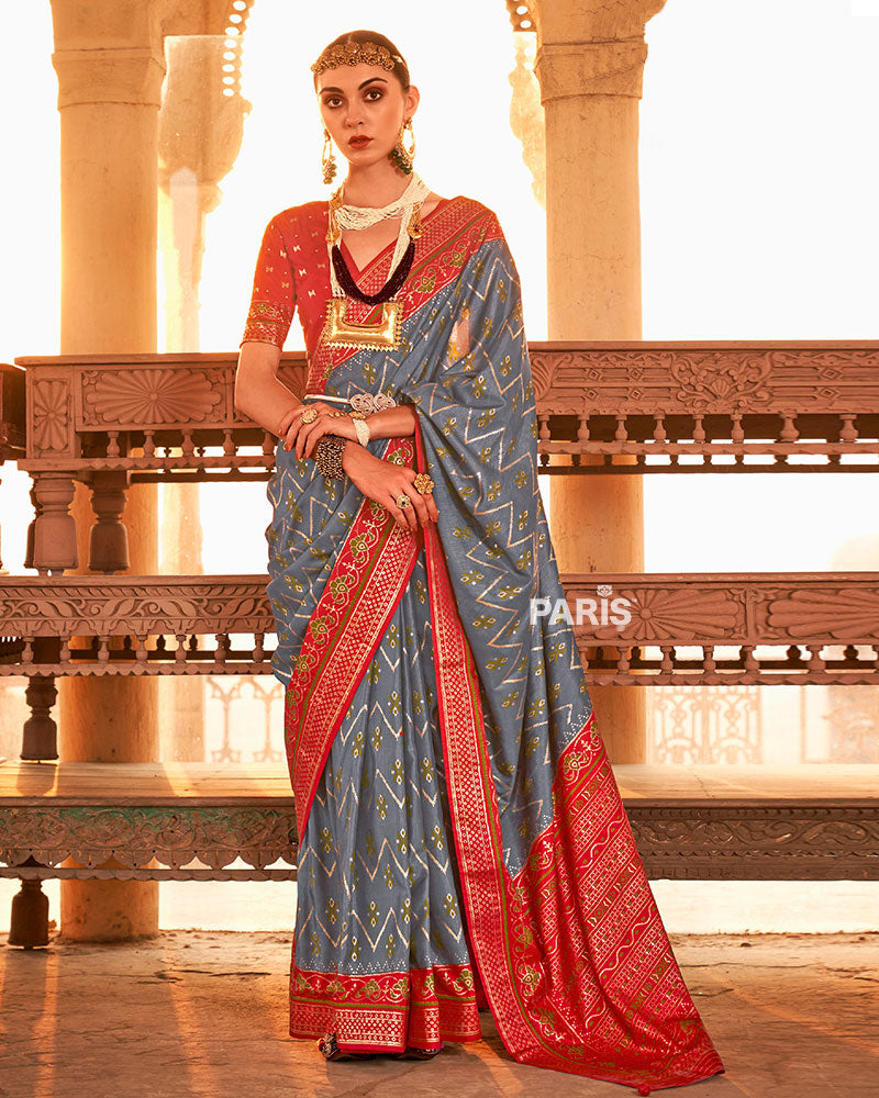 Steel Grey Ikat Printed and Red Contrast Border Patola Silk Saree with Unstitched Blouse