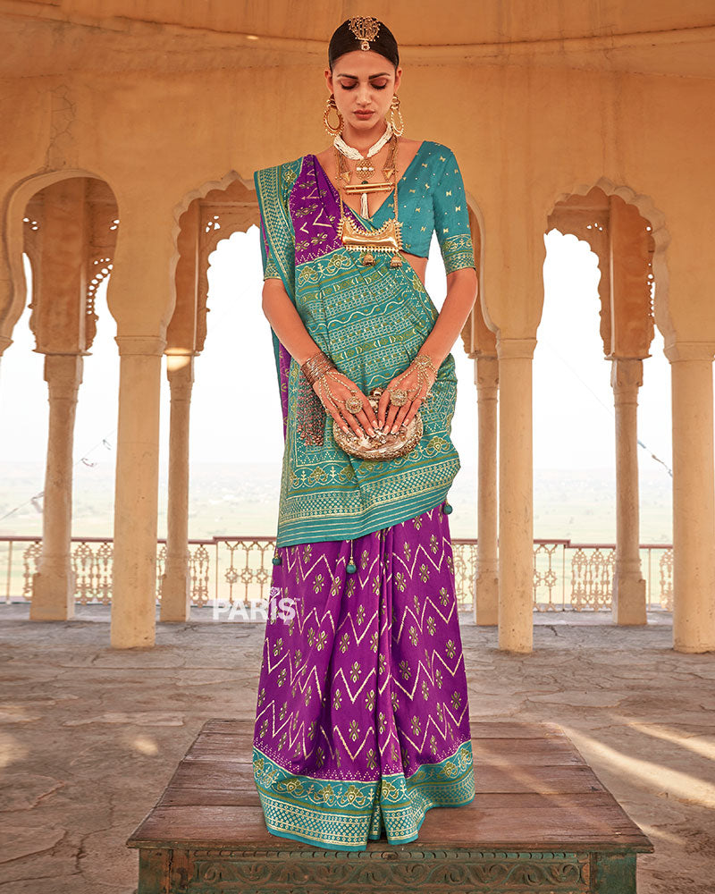Purple Ikat Printed and Sea Green Contrast Border Patola Silk Saree with Unstitched Blouse