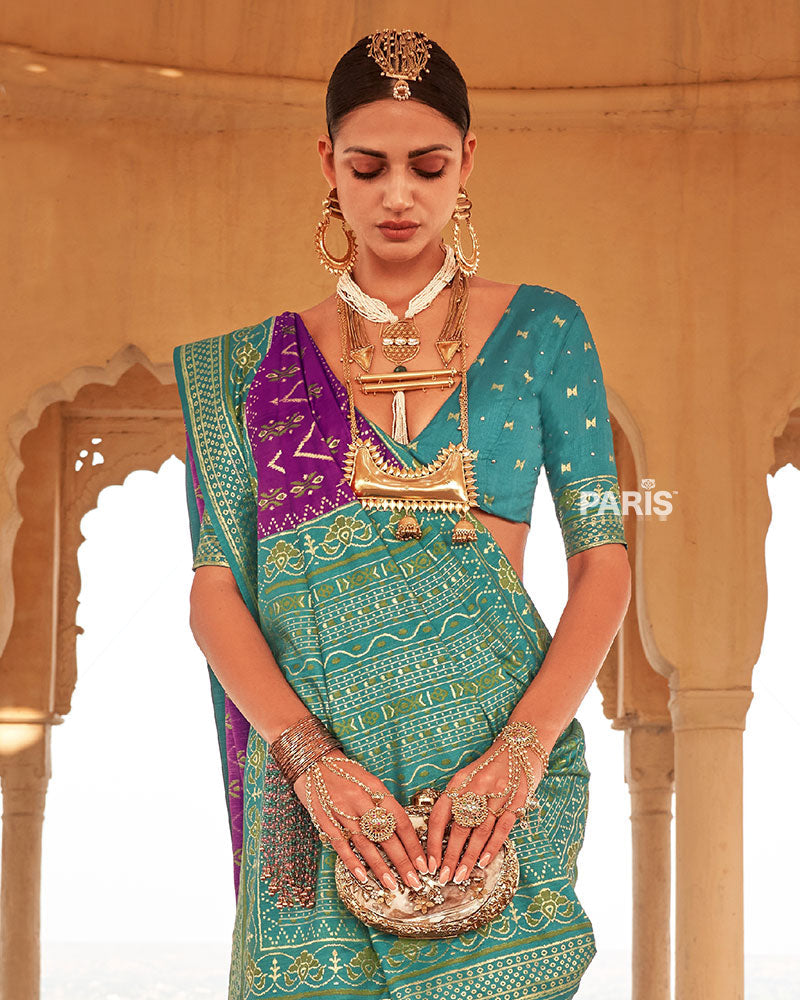 Purple Ikat Printed and Sea Green Contrast Border Patola Silk Saree with Unstitched Blouse