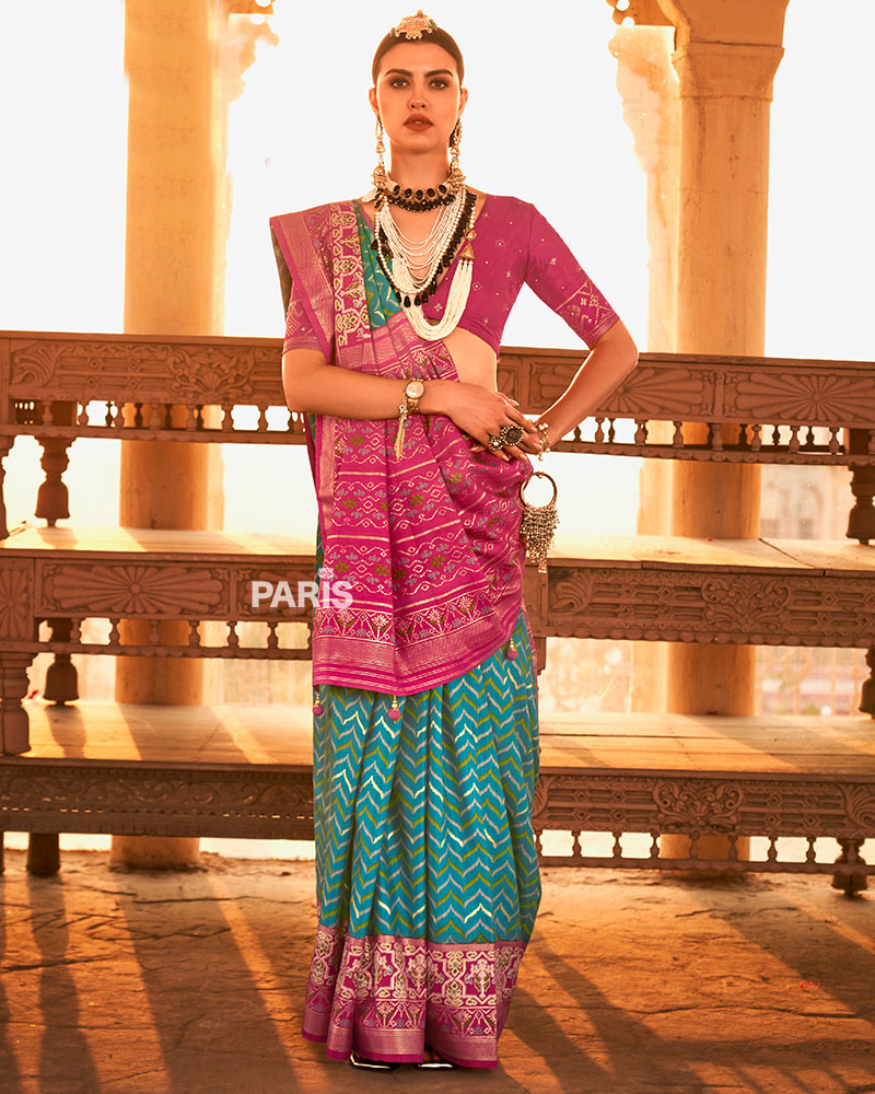 Teal Ikat Printed and Pink Contrast Border Patola Silk Saree with Unstitched Blouse