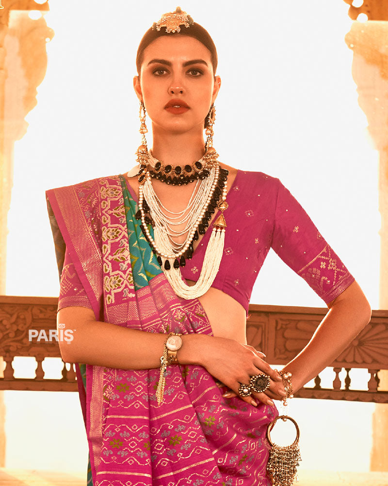 Teal Ikat Printed and Pink Contrast Border Patola Silk Saree with Unstitched Blouse