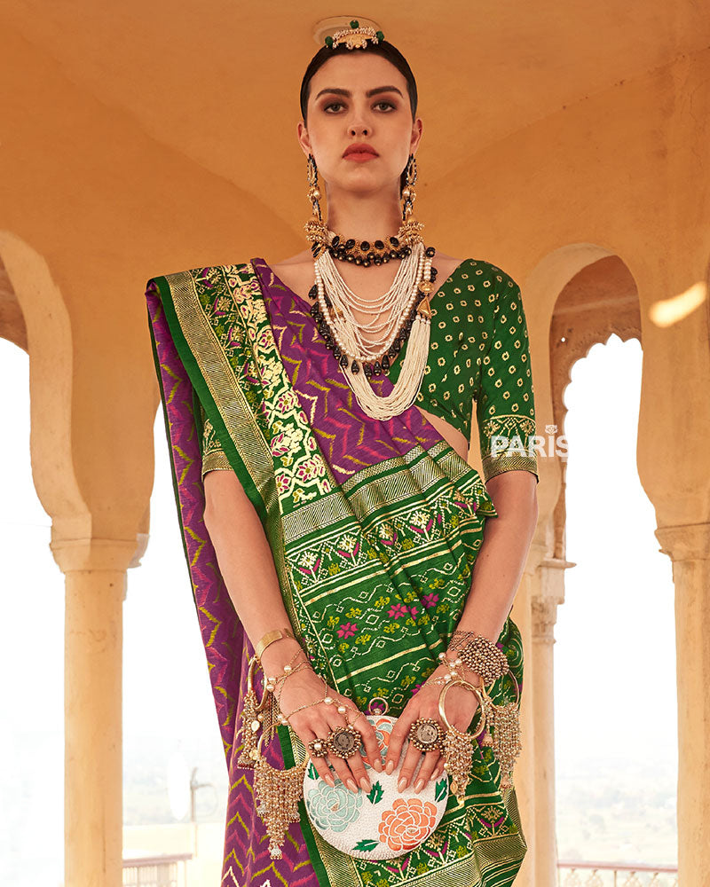 Plum Ikat Printed and Green Contrast Border Patola Silk Saree with Unstitched Blouse