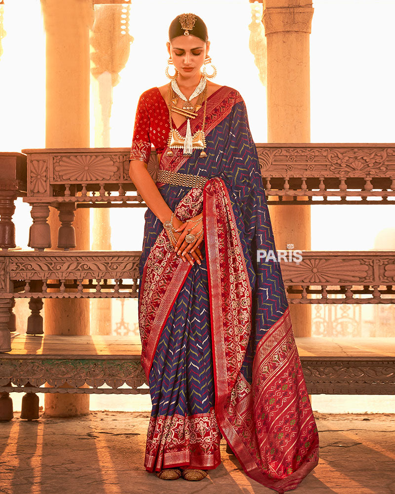Blue Ikat Printed and Red Contrast Border Patola Silk Saree with Unstitched Blouse