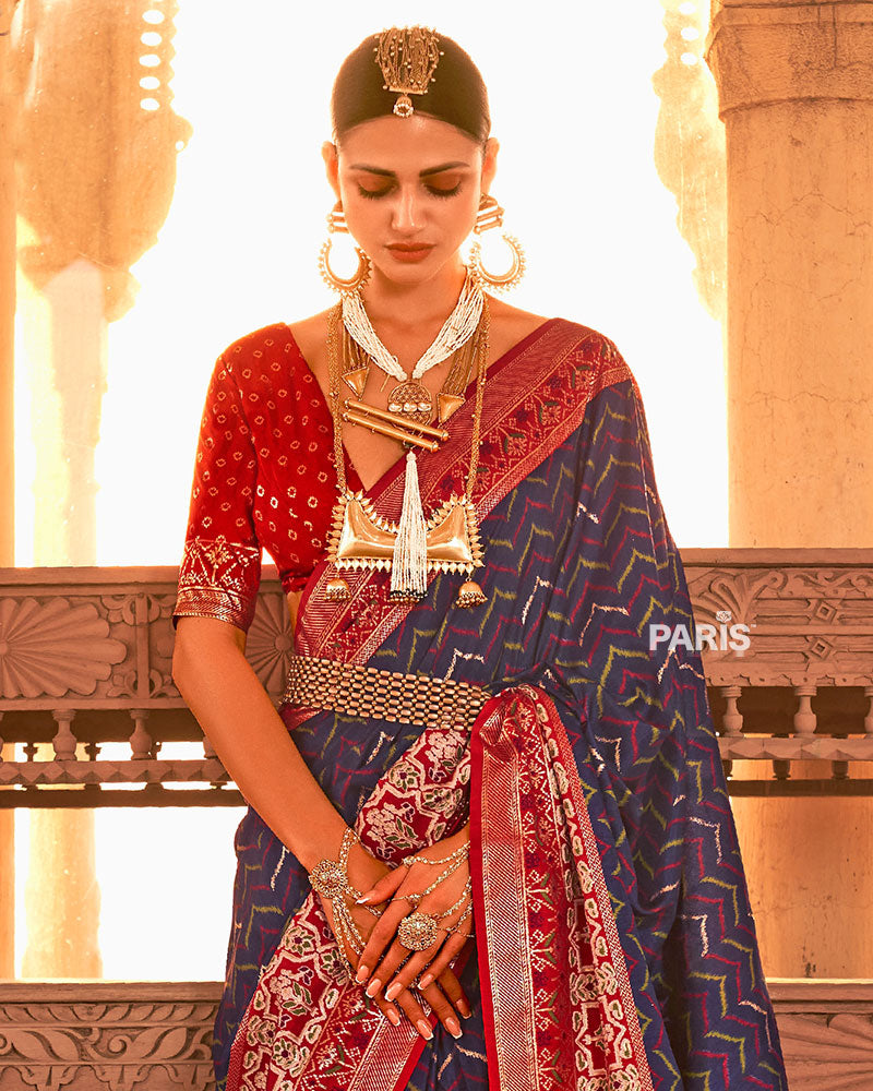 Blue Ikat Printed and Red Contrast Border Patola Silk Saree with Unstitched Blouse