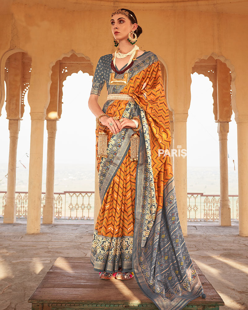 Yellow Ikat Printed and Dark Grey Contrast Border Patola Silk Saree with Unstitched Blouse