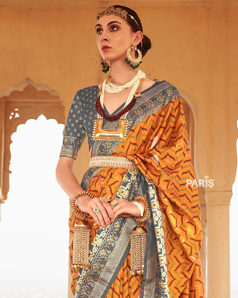 Yellow Ikat Printed and Dark Grey Contrast Border Patola Silk Saree with Unstitched Blouse