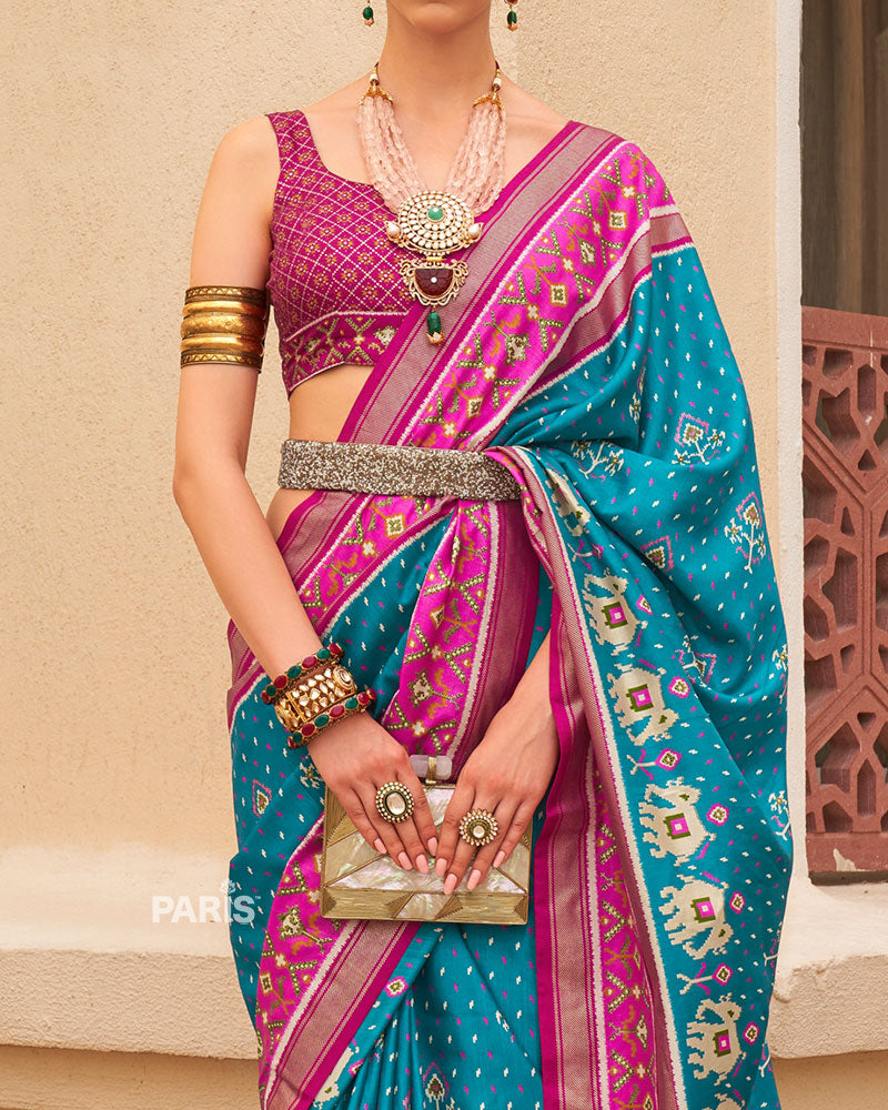 Blue & Pink Patola Silk Saree with Elephant Motifs