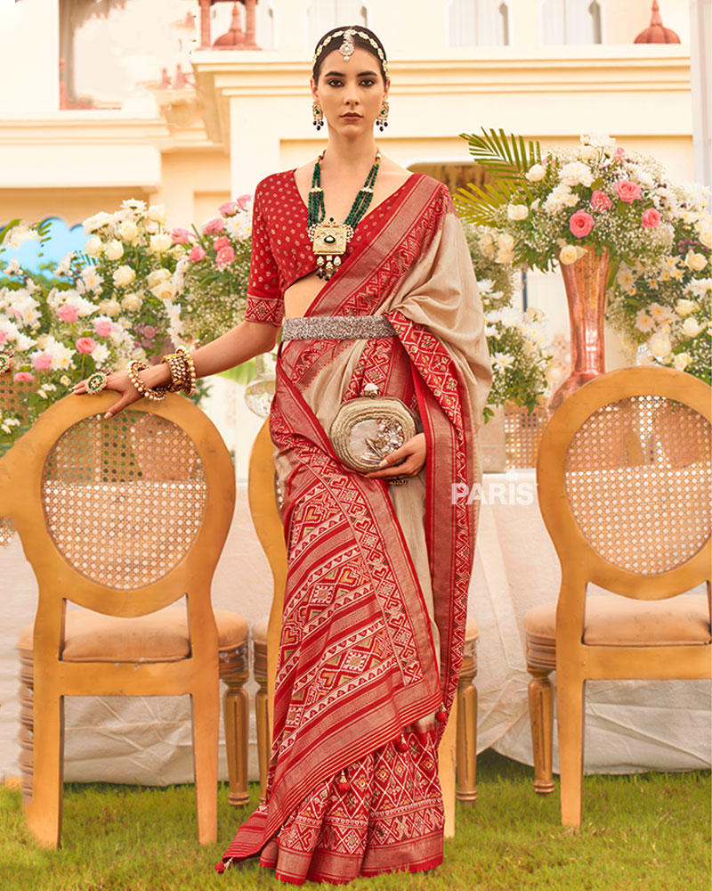 Cream and Red Border Silk Saree with Unstitched Blouse and Belt